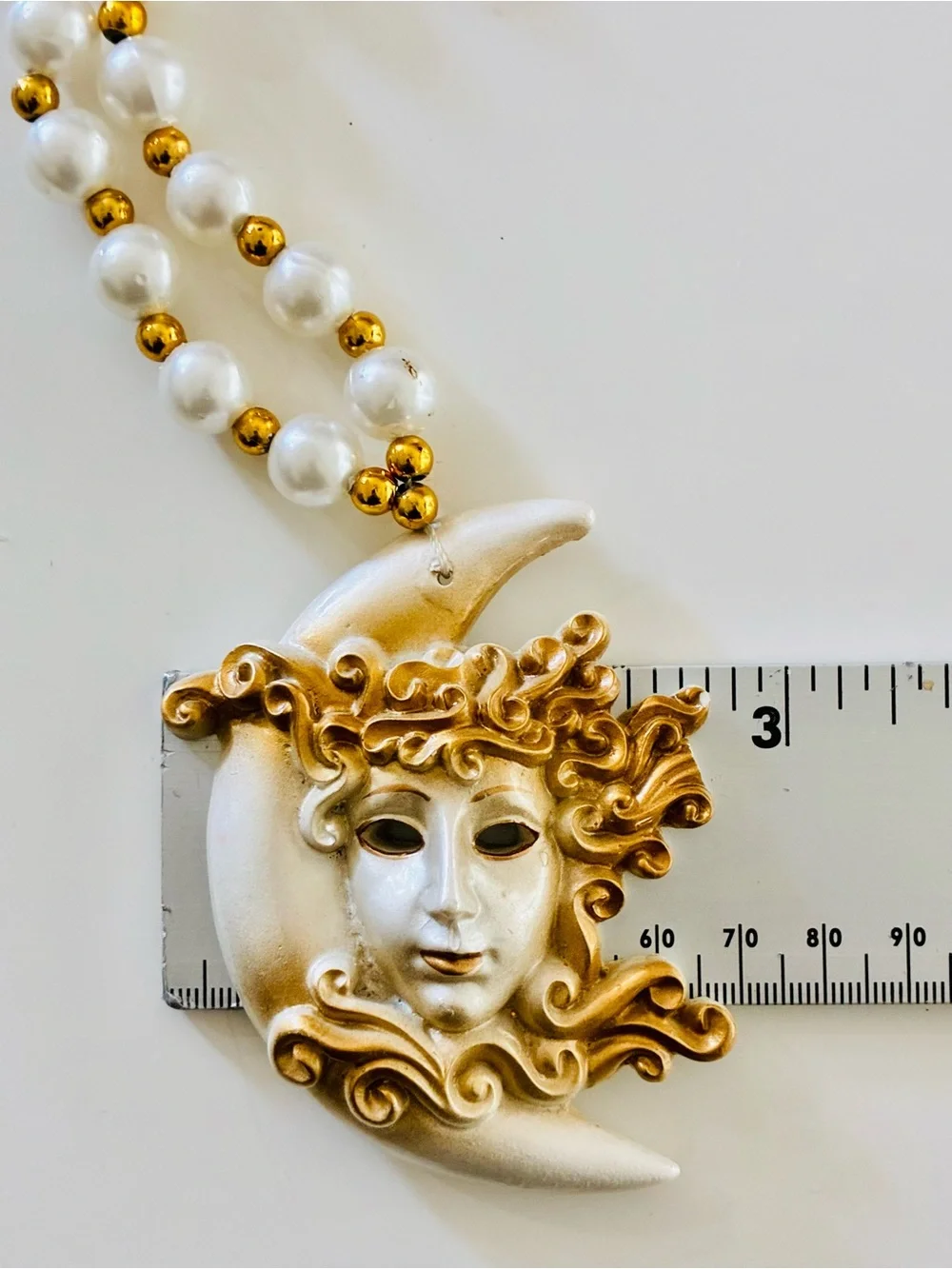 Venetian-Style Mardi Gras  White Pearl Bead Necklace with Gold Moon Mask Pendant